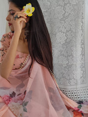 Peach Color Printed With Pearl Lace Border Georgette Saree Colorful Saree