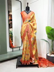 Orange Color Digital Printed Handloom Kotha Border Saree Colorful Saree