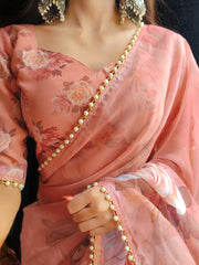 Orange Color Printed With Pearl Lace Border Georgette Saree Colorful Saree