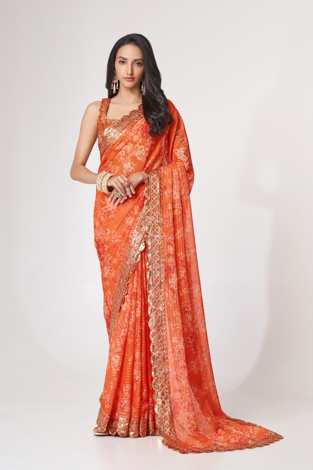 Orange Organza Saree with Sequin Embroidery and Digital Print Colorful Saree