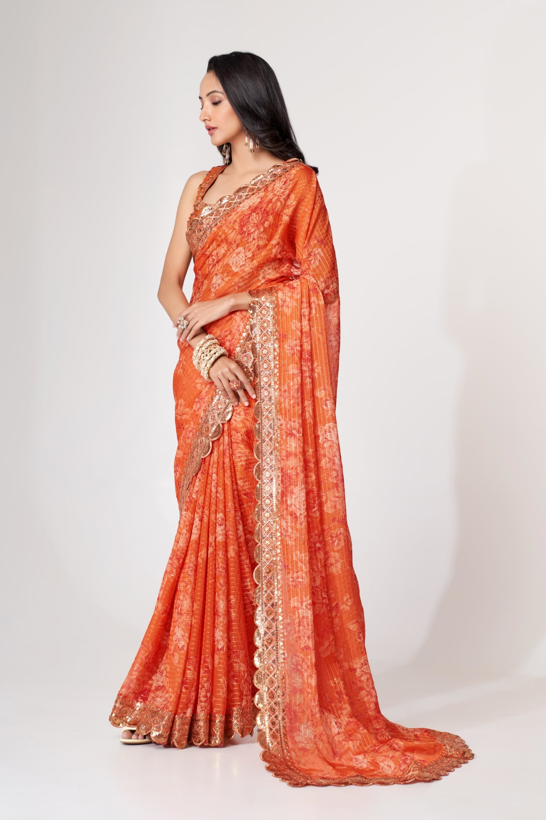 Orange Organza Saree with Sequin Embroidery and Digital Print Colorful Saree