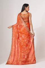 Orange Organza Saree with Sequin Embroidery and Digital Print Colorful Saree