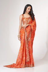 Orange Organza Saree with Sequin Embroidery and Digital Print Colorful Saree