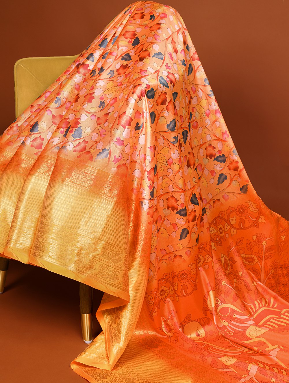 Orange Printed Dola Silk Saree Set for Weddings & Special Occasions Colorful Saree