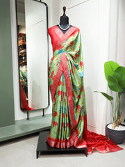 Parrot Color Digital Printed Handloom Kotha Border Saree Colorful Saree