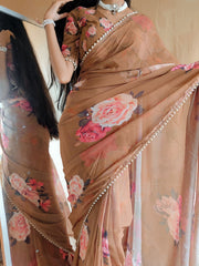 Brown Color Printed With Peral Lace Border Georgette Saree - Colorful Saree