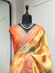 Orange Color Digital Printed Handloom Kotha Border Saree Colorful Saree