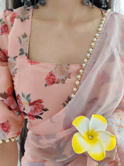 Peach Color Printed With Pearl Lace Border Georgette Saree Colorful Saree