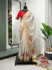 Peacock Design Printed Kasavu Zari Border Saree Colorful Saree