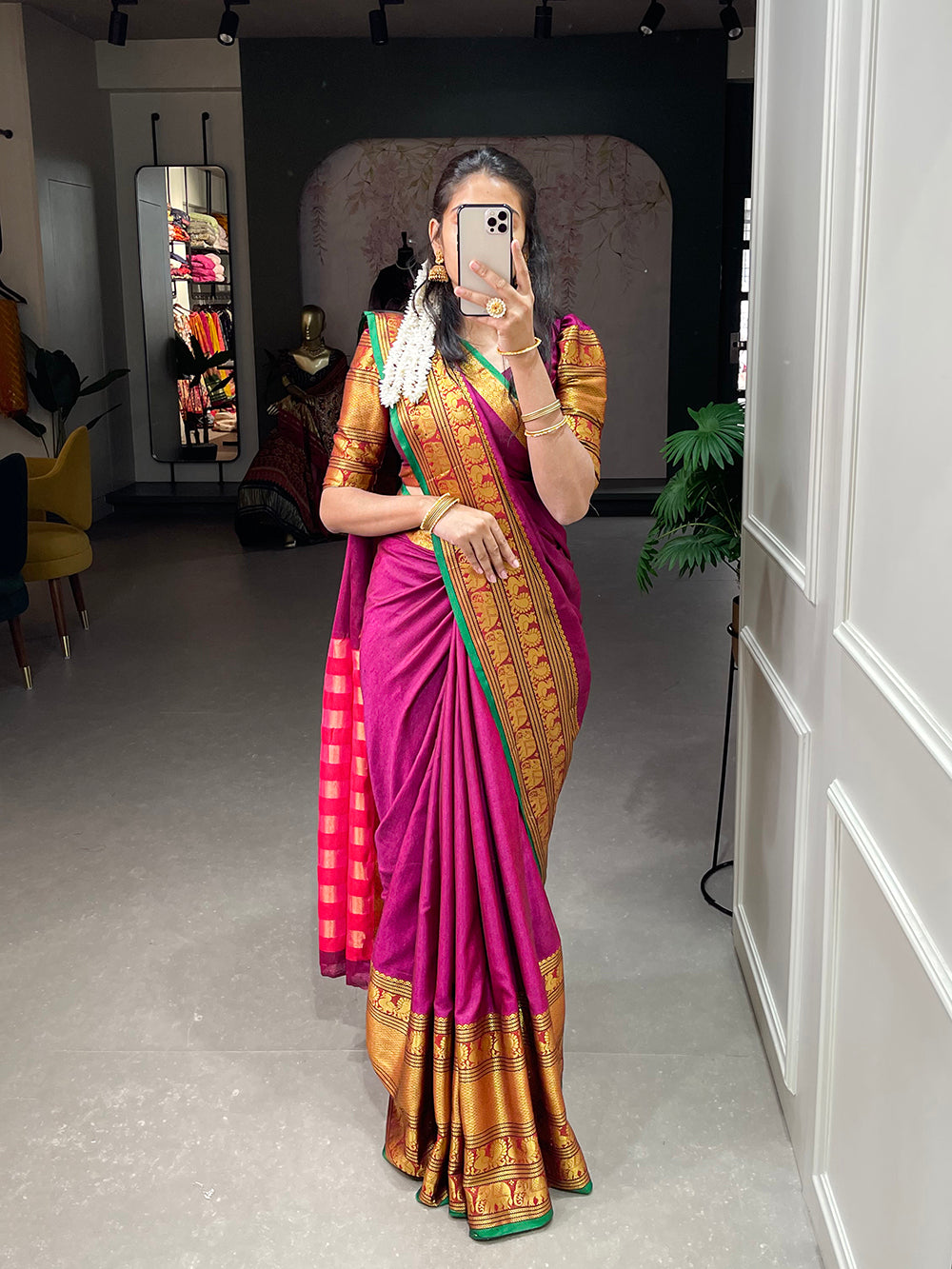 Pink Color Zari Weaving Work Narayan Pet Saree Colorful Saree