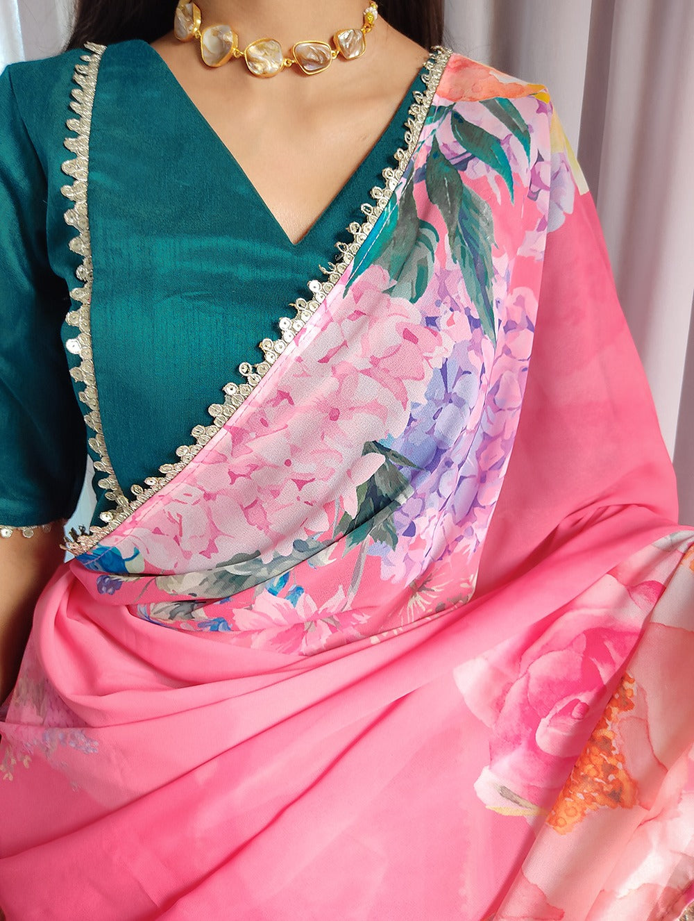 Pink Color Floral Printed Georgette Saree with Sequins and Lace Colorful Saree