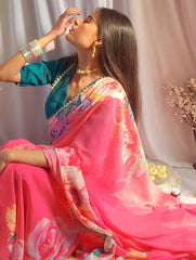 Pink Color Floral Printed Georgette Saree with Sequins and Lace Colorful Saree