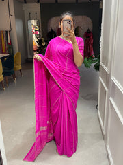 Pink Color Sequins And Zari Work Viscose Chanderi Saree - Colorful Saree