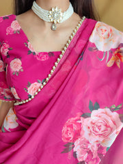 Pink Color Printed With Peral Lace Border Georgette Trending Saree Colorful Saree