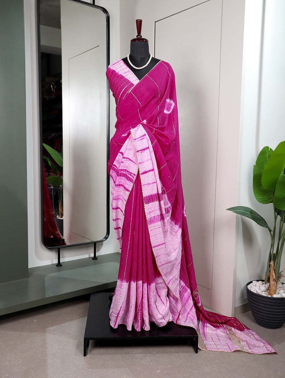 Pink Color Sequined Viscose Chanderi Saree with Gota Patti Border & Blouse Colorful Saree