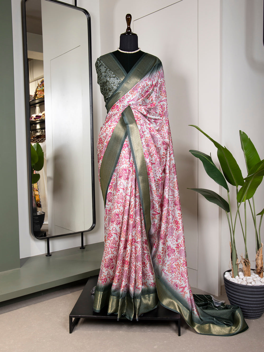 Pink Color Printed With Zari Border Dola Silk Saree Colorful Saree