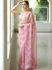 Pink Organza Silk Saree with Resham Floral Embroidery Colorful Saree