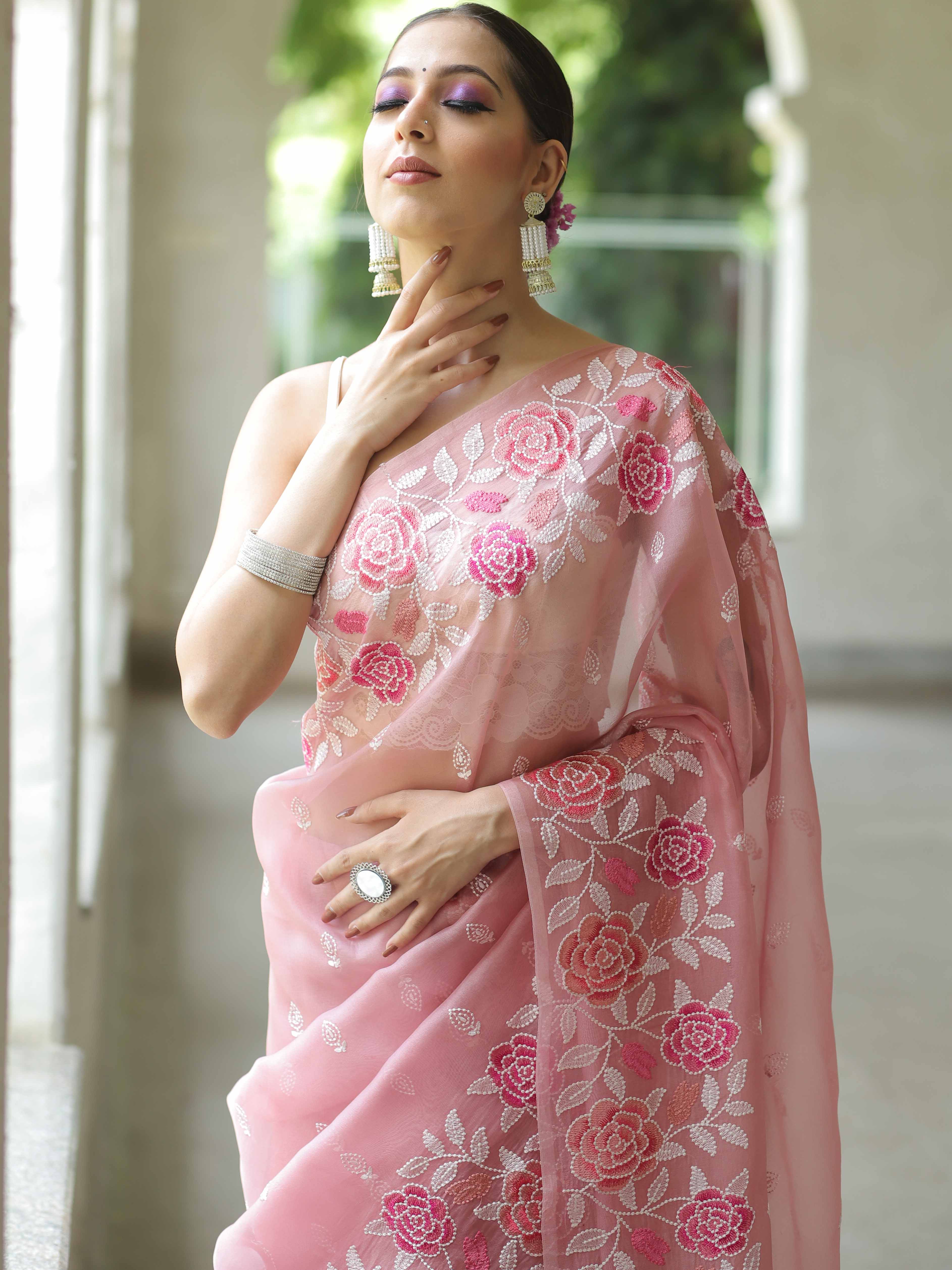 Pink Organza Silk Saree with Resham Floral Embroidery Colorful Saree