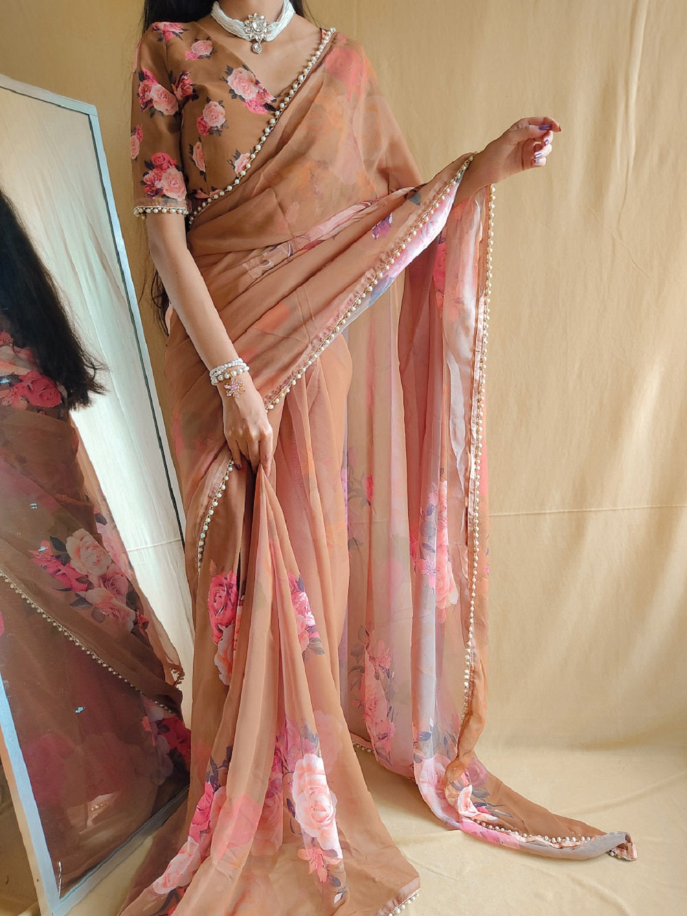 Brown Color Printed With Peral Lace Border Georgette Saree - Colorful Saree