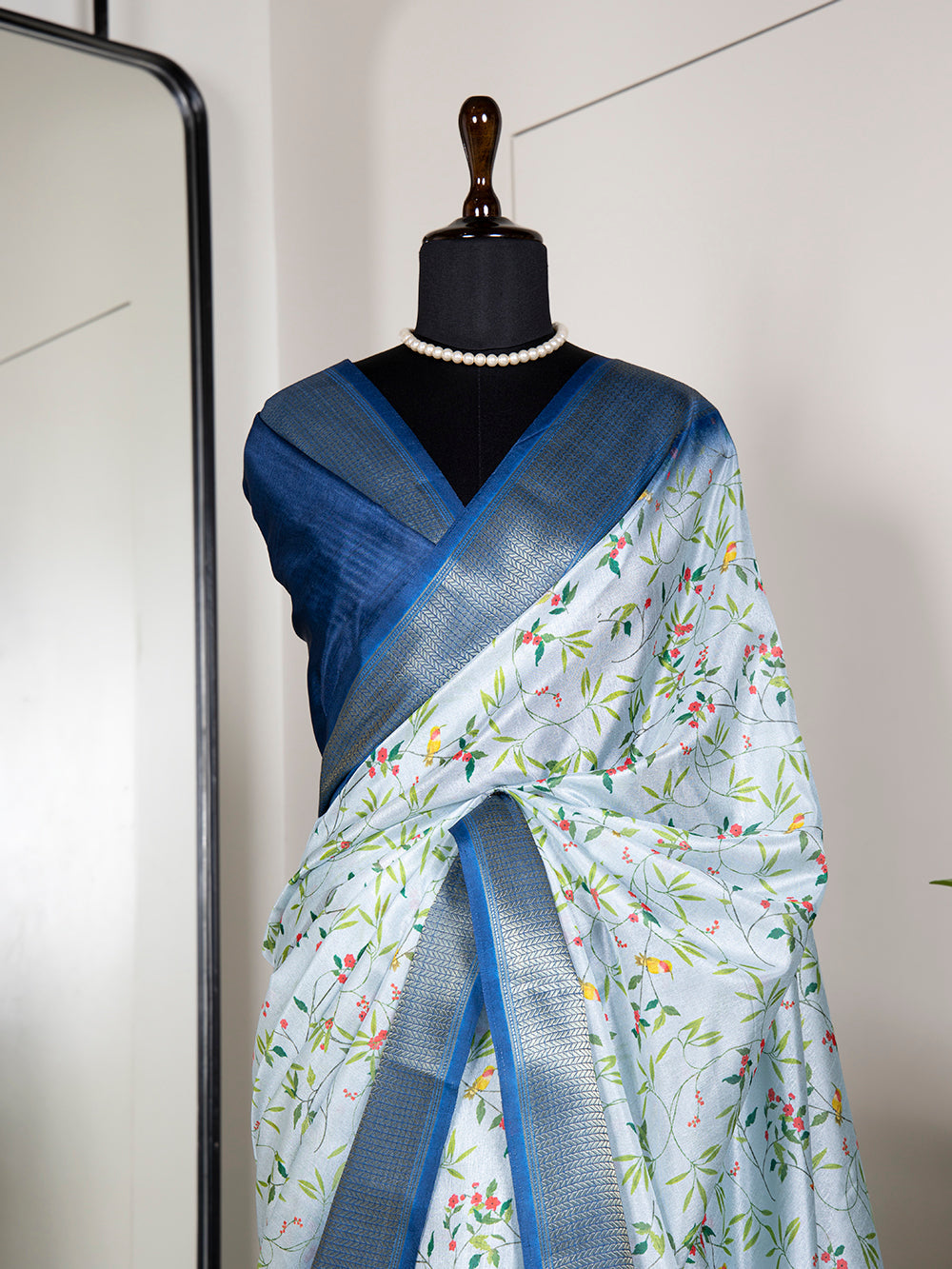 Sky Blue Color Printed With Zari Border Dola Silk Saree Colorful Saree