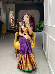 Purple Color Zari Weaving Work Narayan Pet Saree Colorful Saree