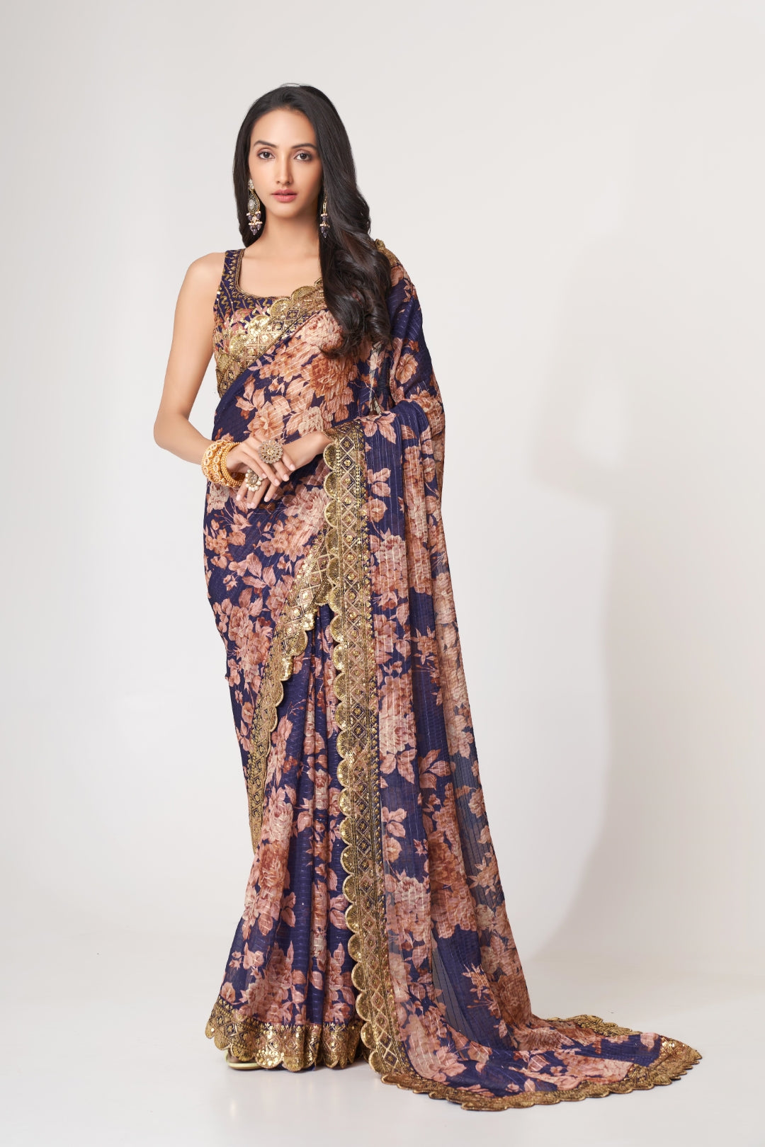 Purple Organza Saree with Sequin Embroidery and Digital Print Colorful Saree