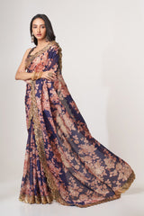 Purple Organza Saree with Sequin Embroidery and Digital Print Colorful Saree