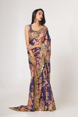 Purple Organza Saree with Sequin Embroidery and Digital Print Colorful Saree