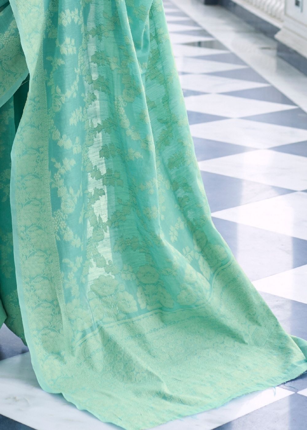 Caribbean Green Lucknowi Chikankari Weaving Silk Saree - Colorful Saree