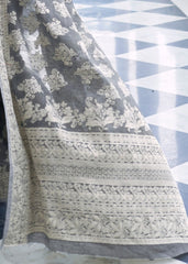 Silver Grey Lucknowi Chikankari Weaving Silk Saree - Colorful Saree