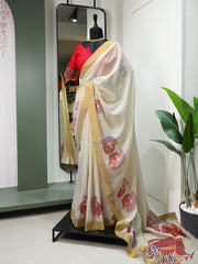 Peacock Design Printed Kasavu Zari Border Saree Colorful Saree