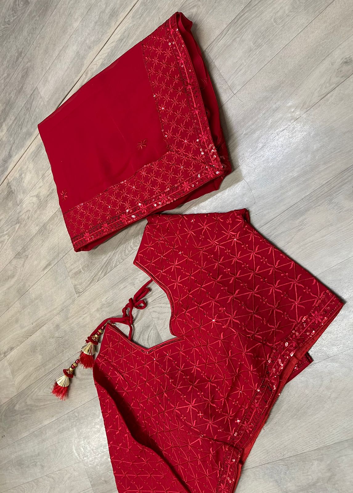 Red Georgette Saree with Heavy Embroidered Sequenced Lace and Blouse Colorful Saree