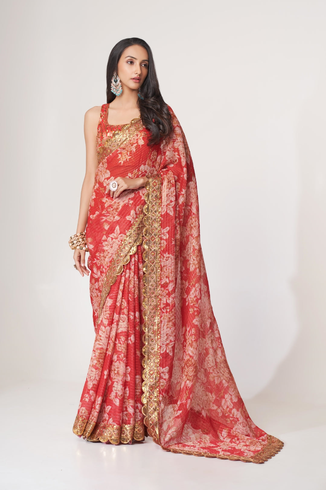 Red Organza Saree with Sequin Embroidery and Digital Print Colorful Saree