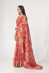 Red Organza Saree with Sequin Embroidery and Digital Print Colorful Saree