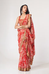 Red Organza Saree with Sequin Embroidery and Digital Print Colorful Saree