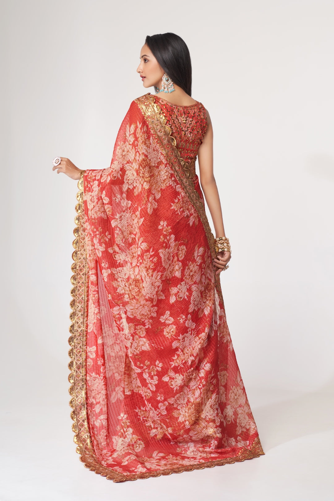 Red Organza Saree with Sequin Embroidery and Digital Print Colorful Saree