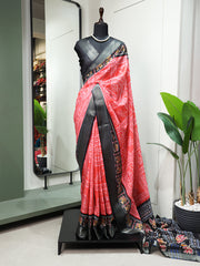 Salmon Color Printed With Zari Border Dola Silk Festive Wear Saree Colorful Saree