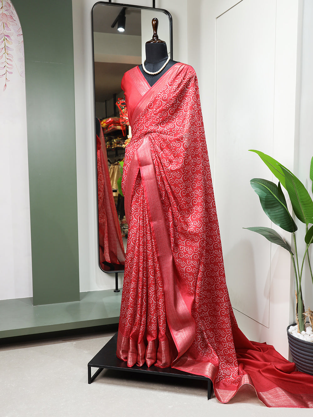 Crimson Color Printed With Zari Border Dola Silk Saree Colorful Saree