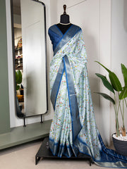 Sky Blue Color Printed With Zari Border Dola Silk Saree Colorful Saree