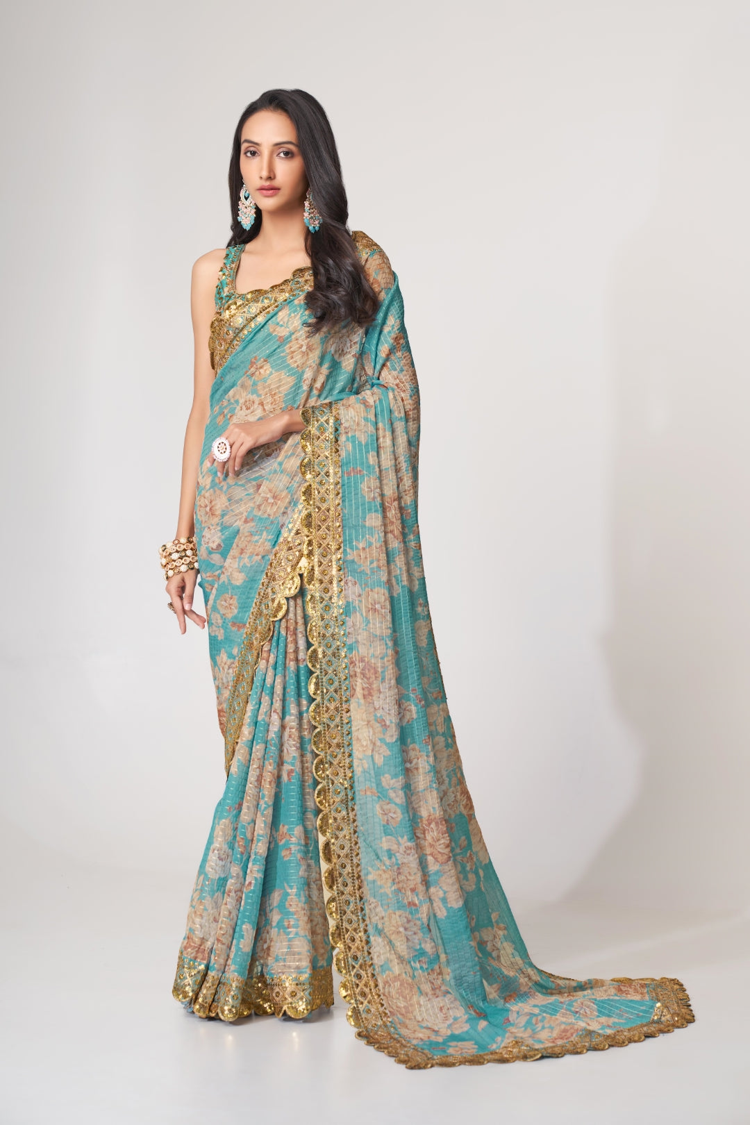 Sky Blue Organza Saree with Sequin Embroidery and Digital Print Colorful Saree