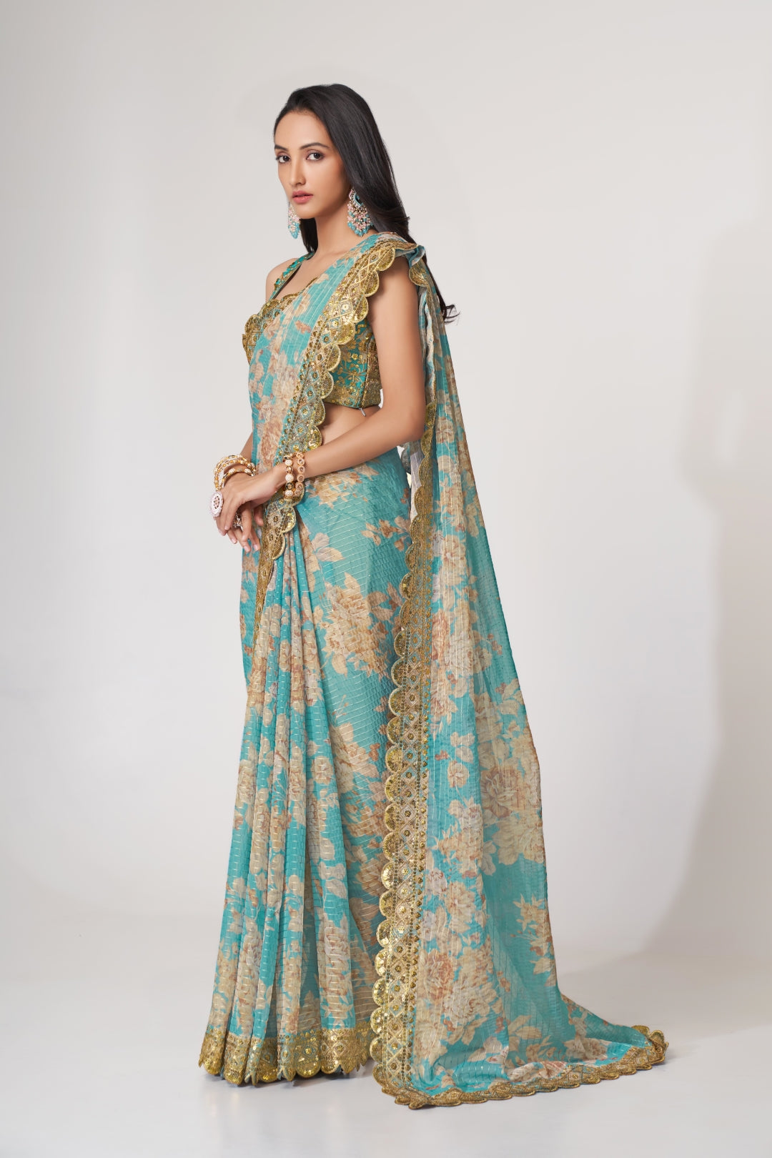 Sky Blue Organza Saree with Sequin Embroidery and Digital Print Colorful Saree