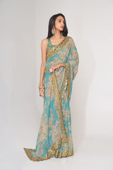 Sky Blue Organza Saree with Sequin Embroidery and Digital Print Colorful Saree