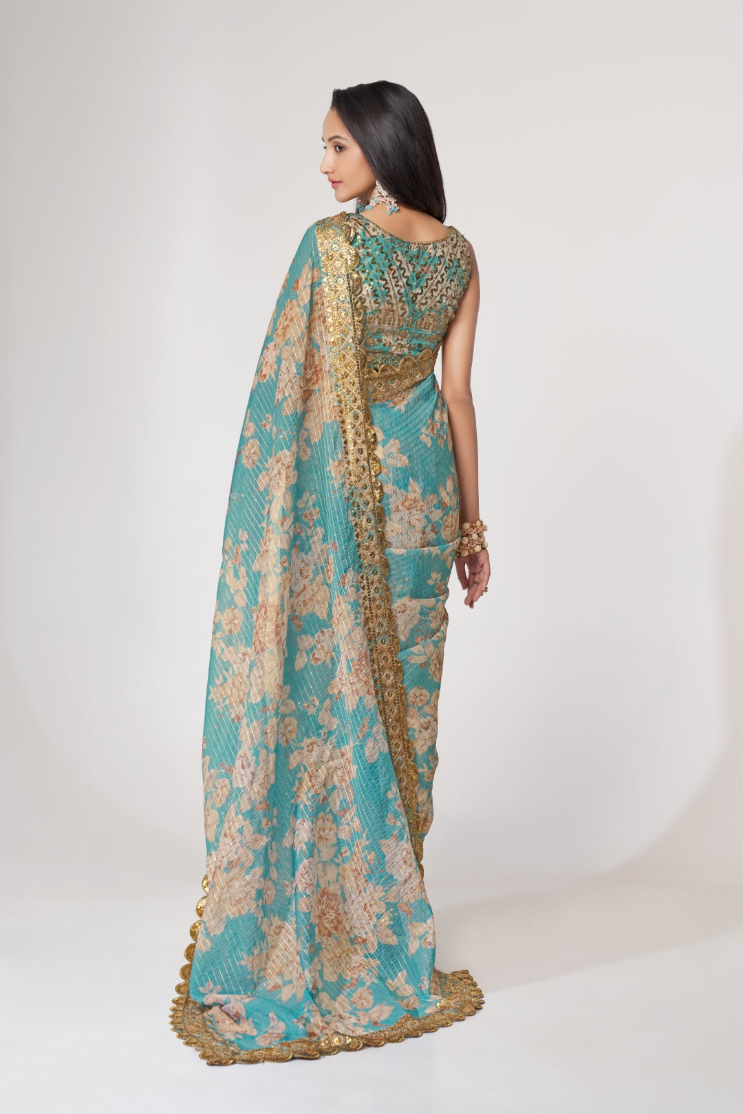 Sky Blue Organza Saree with Sequin Embroidery and Digital Print Colorful Saree