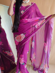 Purple Color Printed With Peral Lace Border Georgette Fancy Saree Colorful Saree