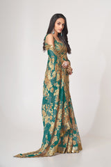 Teal Blue Organza Saree with Sequin Embroidery and Digital Print Colorful Saree