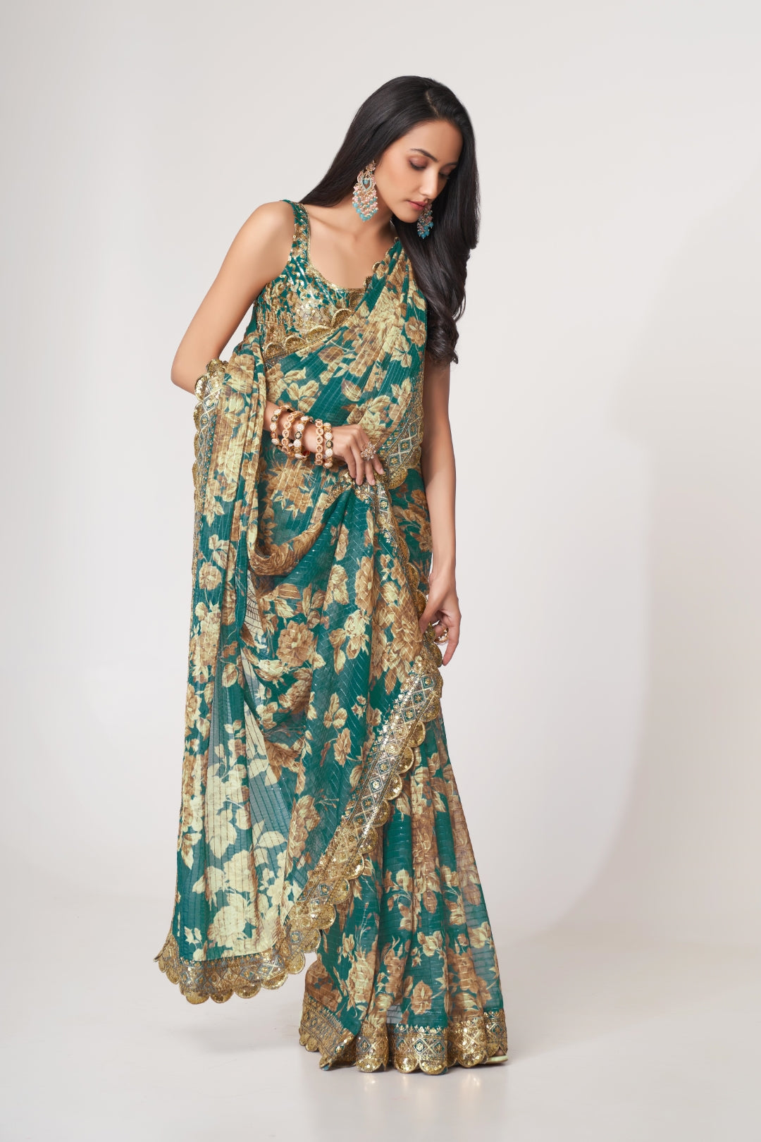 Teal Blue Organza Saree with Sequin Embroidery and Digital Print Colorful Saree