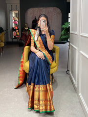 Navy Blue Color Zari Weaving Work Narayan Pet Saree Colorful Saree