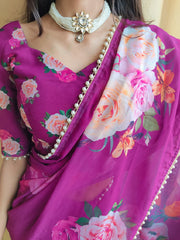 Purple Color Printed With Peral Lace Border Georgette Fancy Saree Colorful Saree