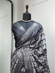 Black Color Printed With Zari Border Dola Silk Saree - Colorful Saree