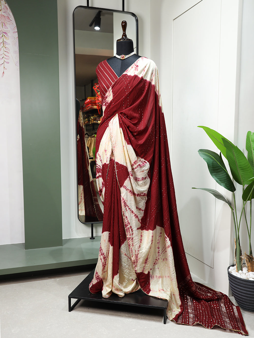 Maroon Color Sequins With Zari Line And Gota Patti Lace Border Viscose Chanderi Saree Colorful Saree